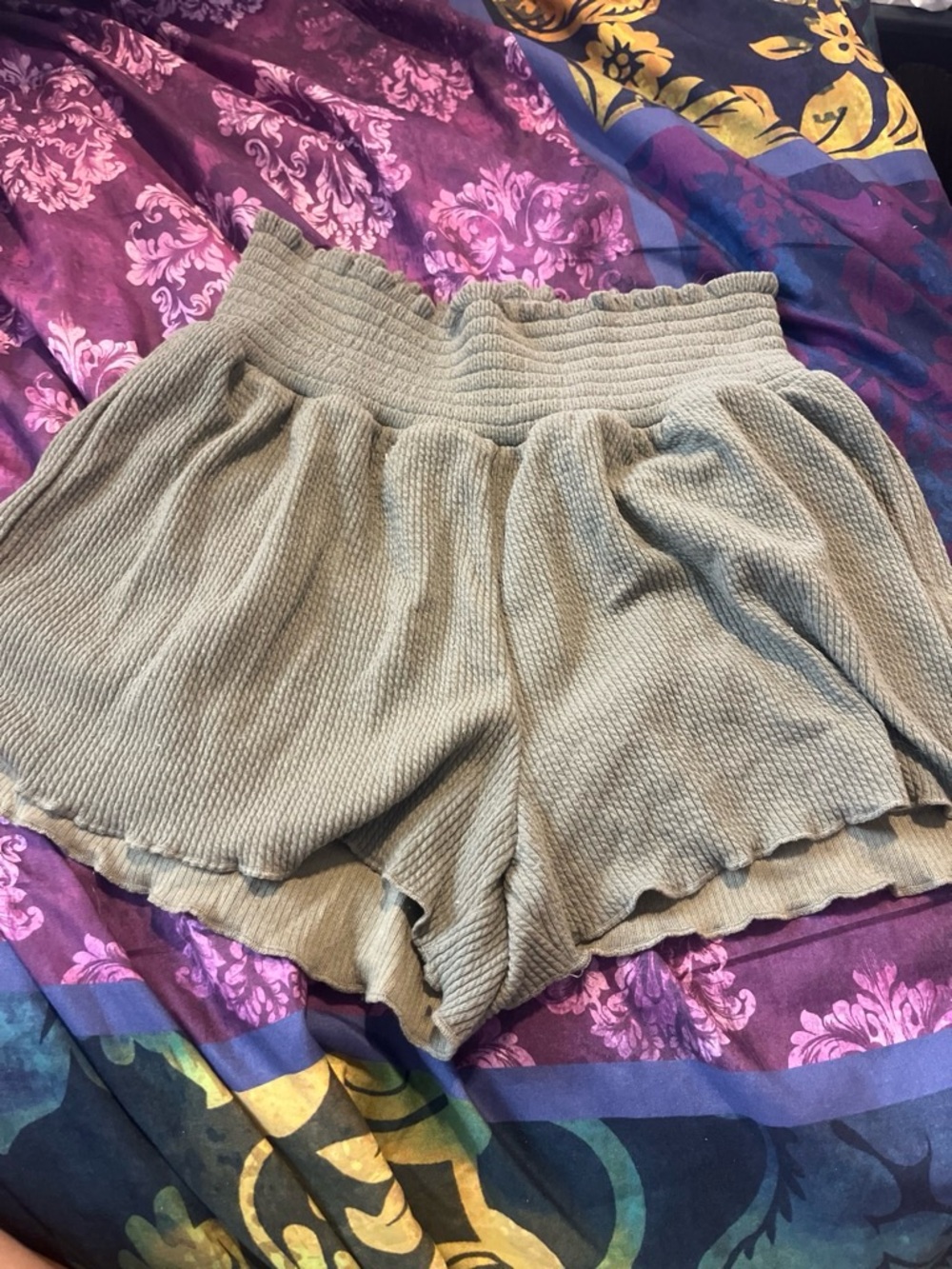Altar'd State Olive Ribbed High-Waist Lounge Shorts